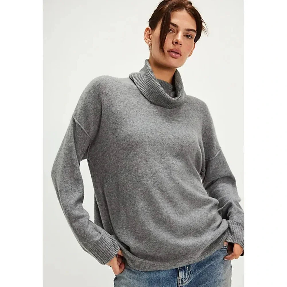 NEW FREE PEOPLE CLOUDY GRAY ADDIE CASHMERE TURTLENECK SWEATER SZ S